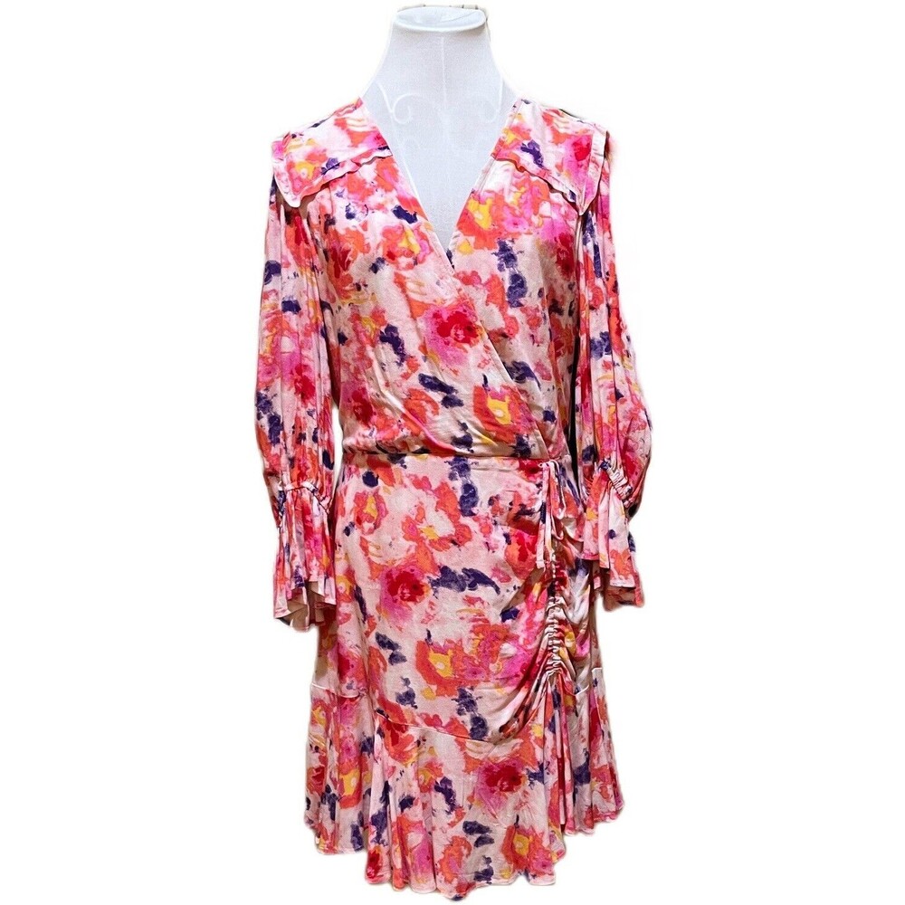 BETSEY JOHNSON Pink Floral Faux Wrap Dress*Flutter Sleeves & Ruffle Hem*Size 8